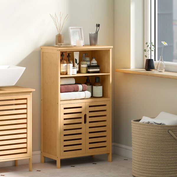 Kleankin Mobile Bagno in Bambù, Mobiletto Bagno Salvaspazio con 2 Ante a Persiana e Ripiani Aperti, Armadietto da Terra per Sala da Pranzo, Salotto, Soggiorno, Cucina, 50x29x92 cm, Color Legno | Aosom Romania