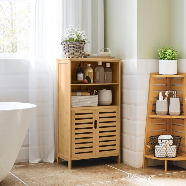 Kleankin Mobile Bagno in Bambù, Mobiletto Bagno Salvaspazio con 2 Ante a Persiana e Ripiani Aperti, Armadietto da Terra per Sala da Pranzo, Salotto, Soggiorno, Cucina, 50x29x92 cm, Color Legno | Aosom Romania