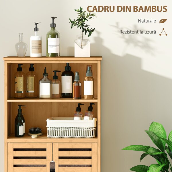 Kleankin Mobile Bagno in Bambù, Mobiletto Bagno Salvaspazio con 2 Ante a Persiana e Ripiani Aperti, Armadietto da Terra per Sala da Pranzo, Salotto, Soggiorno, Cucina, 50x29x92 cm, Color Legno | Aosom Romania