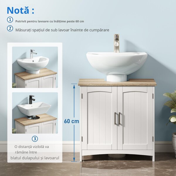 Kleankin Dulap Sub Lavoar Baie cu 2 Uși și Raft Reglabil Alb și Lemn | Aosom Romania
