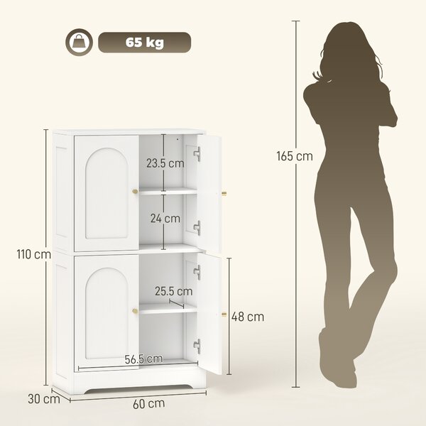 HOMCOM Comodă Bucătărie, Dulap Bucătărie cu 2 Dulapuri, 4 Uși Arcuite, 2 Rafturi Reglabile, cu Dispozitiv Anti-Răsturnare, 60x30x110 cm, pentru Sala de Masă, Living, Alb | Aosom Romania