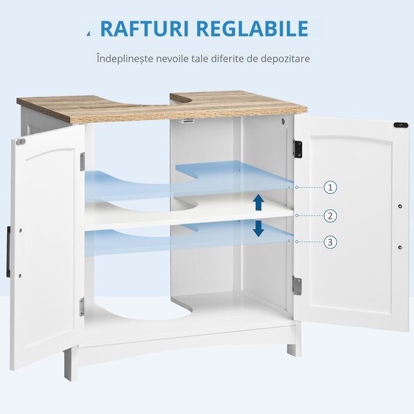 Kleankin Dulap Sub Lavoar Baie cu 2 Uși și Raft Reglabil Alb și Lemn | Aosom Romania