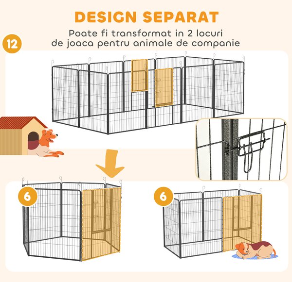PawHut Gard pentru Câini, Incintă Modulară pentru Câini din 8 Secții pentru Interior și Exterior, 80x100 cm, Negru | Aosom Romania