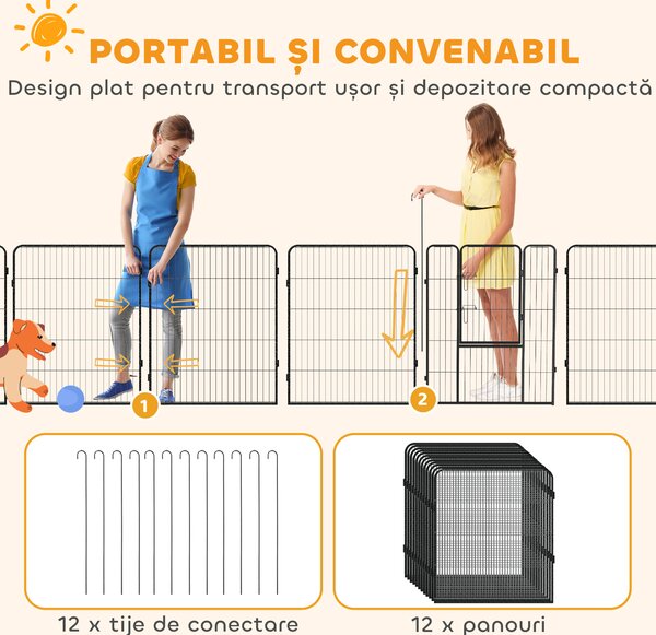 PawHut Gard pentru Câini, Incintă Modulară pentru Câini din 8 Secții pentru Interior și Exterior, 80x100 cm, Negru | Aosom Romania