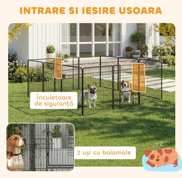 PawHut Gard pentru Câini, Incintă Modulară pentru Câini din 8 Secții pentru Interior și Exterior, 80x100 cm, Negru | Aosom Romania