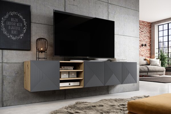 Dulap TV suspendată Asha 200 cm, partea frontală riflat și nișă – stejar artisan / rivier stone mat