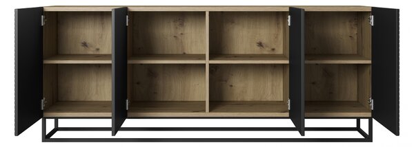 Comodă Asha 200 cm cu patru uși - artisan / negru mat / cadru negru