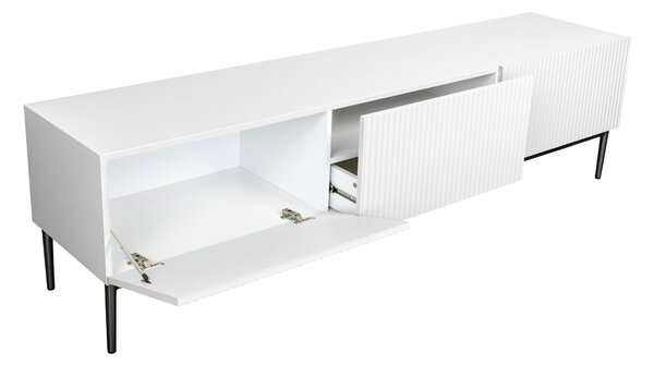 Comodă TV Nicole 200 cm cu picioare metalice și sertar - alb mat / picioare negre