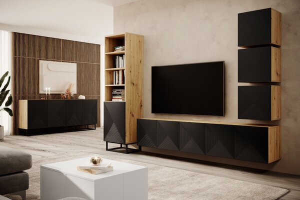 Comodă TV suspendatăă cu front striat Asha 200 cm - artisan / negru mat
