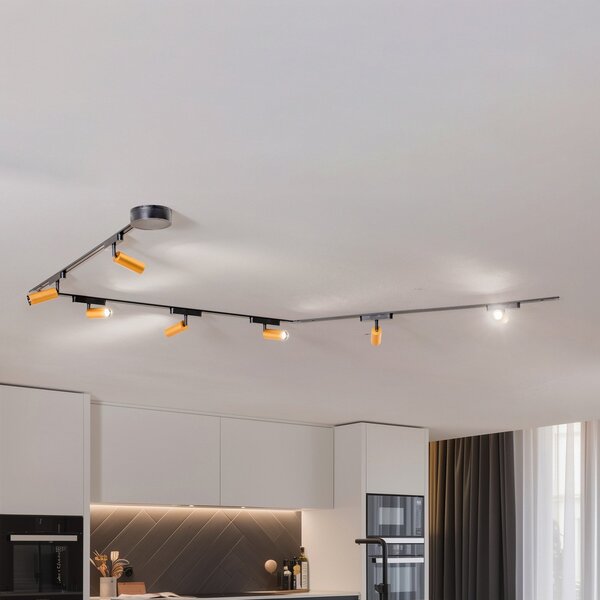 Lindby Sistem de șine Lumaro, spoturi, 7 becuri, auriu, Ø4cm, 48V, dimabil, reglabil, Negru, Camera de zi / sufragerie, Aluminiu, Modern