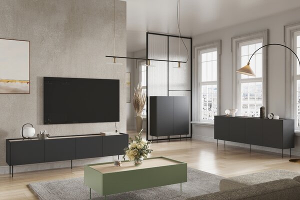 Comodă TV cu picioare metalice Desin 220 cm - negru mat / stejar nagano