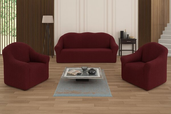 Set huse elastice pentru canapea 3 Locuri si 2 fotolii, fara volanas, model Jacquard Bordo in dungi