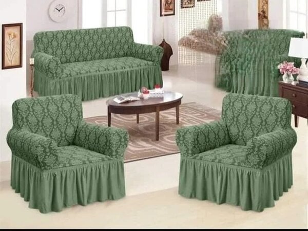 Set huse elastice pentru canapea 3 Locuri si 2 fotolii, cu volanas, model Jacquard Verde