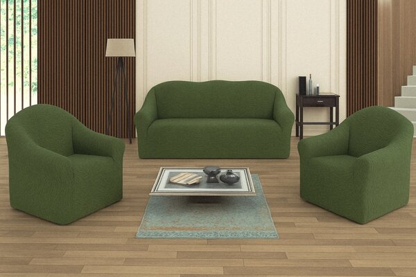 Set huse elastice pentru canapea 3 Locuri si 2 fotolii, fara volanas, model Jacquard Verde in dungi