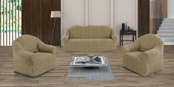 Set huse elastice pentru canapea 3 Locuri si 2 fotolii, fara volanas, model Jacquard Bej in dungi