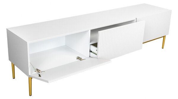 Comodă TV Nicole 200 cm cu picioare metalice, cu sertar - alb mat / picioare aurii