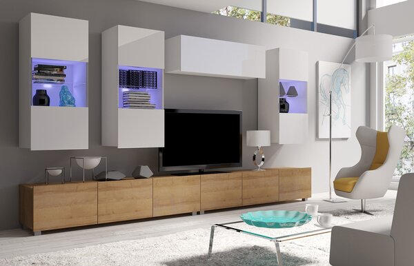 Mobilier living Calabria C5 (Alb + Stejar auriu) (fără iluminat). 1051605