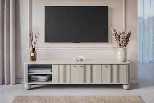 Comodă TV Vesper 187 cm cu trei uși - casmir cu mânere aurii și picioare sferice