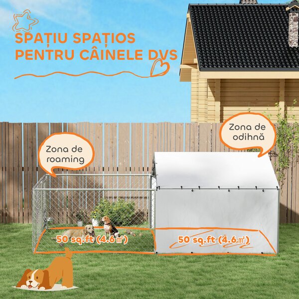 PawHut Țarc pentru Câini de Exterior cu Acoperiș Anti-UV Impermeabil și Boluri Rotative, 400x230x150 cm, Argintiu | Aosom Romania