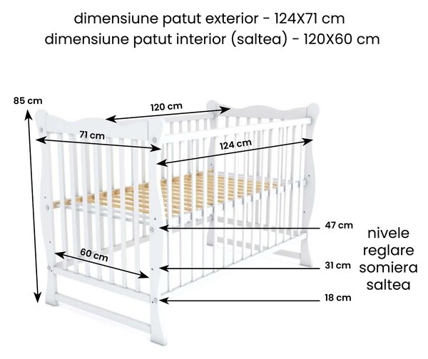 Patut din lemn masiv 120x60 cm Kidizi Isla alb si saltea cocos LUX 120x60x12 cm,reglabil pe 3 nivele, certificat EN71