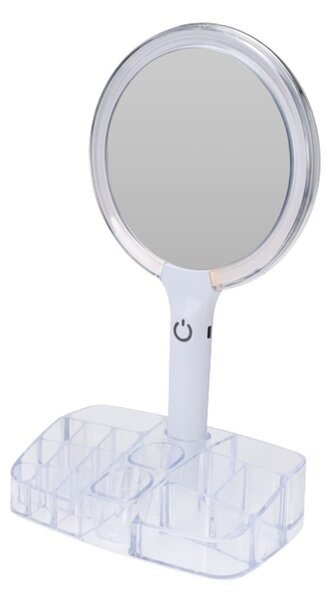 Oglindă de machiaj cu LED și organizator pentru accesorii, iluminare reglabilă, alimentare USB
