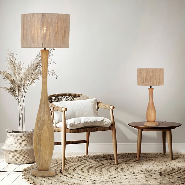 Trio Lighting Lampă de masă Toba, iută, lemn, finisaj natural, Lemn, Camera de zi / sufragerie, Lemn