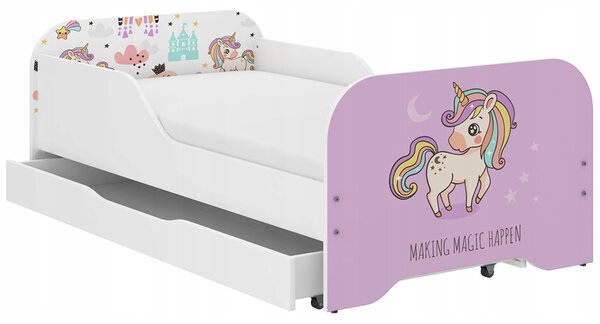 Pat pentru copii 140 x 70 cm cu motiv unicorn roz