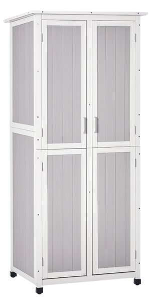 Outsunny Magazie Unelte Lemn Brad 3 Niveluri, Acoperiș Bitum Impermeabil, Cu Cârlige, 77x58x175cm, Gri | Aosom Romania