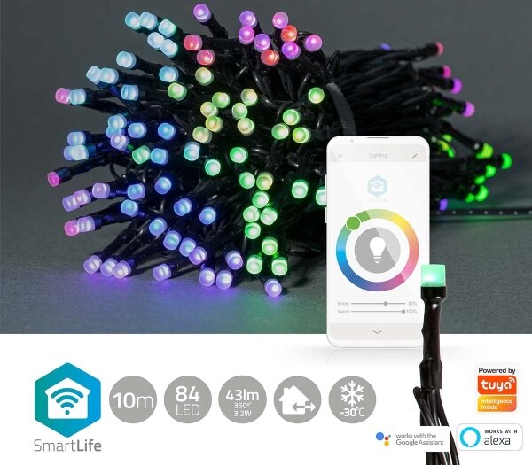 Nedis WIFILX01C84 - Ghirlandă LED RGB pentru exterior, 84 LED-uri, 8 funcții, 13 m, IP65, Wi-Fi (Tuya)