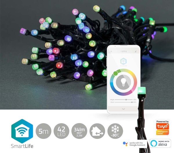 Nedis WIFILX01C42-LED Ghirlandă LED RGB pentru exterior, 42 x LED, 8 funcții, 8 m, IP65, Wi-Fi Tuya