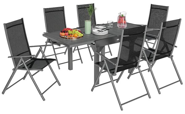 Outsunny Set de Grădină din 7 Piese cu Masă Extensibilă și 6 Scaune Pliabile cu Brațe, 90/180x90x75 cm, Gri și Negru | Aosom Romania