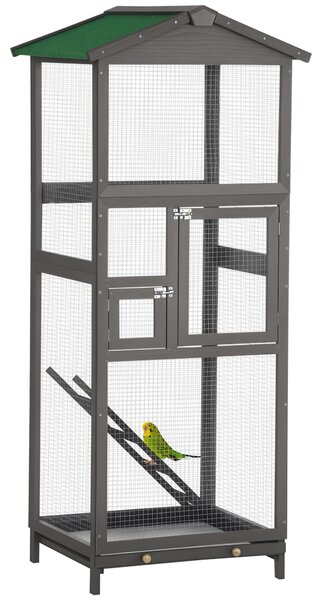 PawHut Colivie pentru Păsări din Lemn și Plasă Metalică cu 2 Uși și Tavă Detașabilă, 68x63x165 cm, Gri Deschis | Aosom Romania