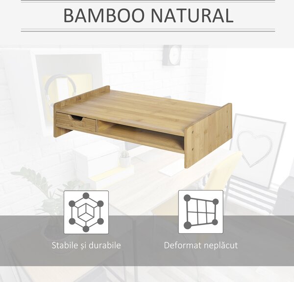 HOMCOM Suport pentru Monitor cu Spațiu pentru Mouse și Tastatură și Raft de Depozitare, 49x25,5x11,5 cm, Natural | Aosom Romania