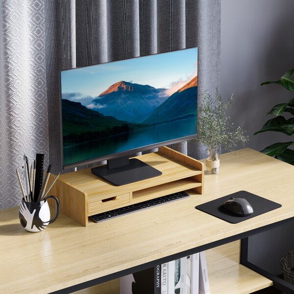 HOMCOM Suport pentru Monitor cu Spațiu pentru Mouse și Tastatură și Raft de Depozitare, 49x25,5x11,5 cm, Natural | Aosom Romania