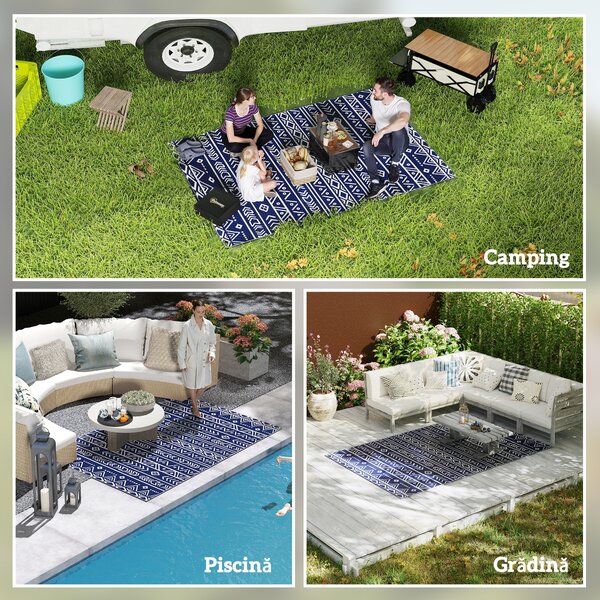 Outsunny Covor Reversibil pentru Exterior, Impermeabil, din Paie de Plastic, 182x274 cm, Albastru | Aosom Romania