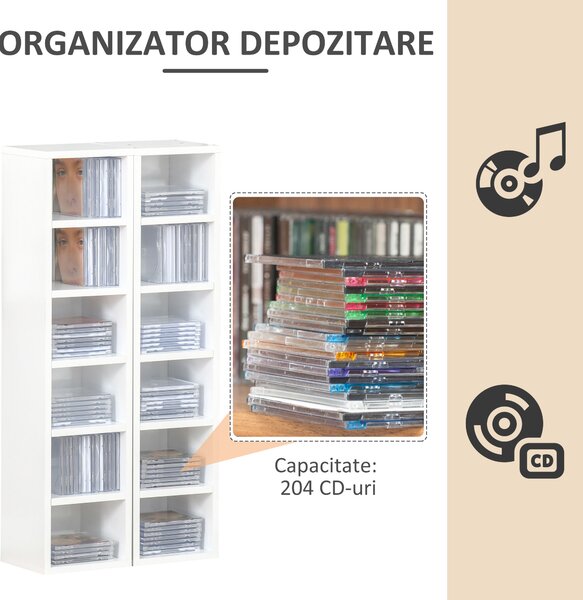 HOMCOM Bibliotecă Raft pentru CD, Set din 2 Piese cu 12 Rafturi din Lemn, 21x19,2x88,3 cm, Alb | Aosom Romania