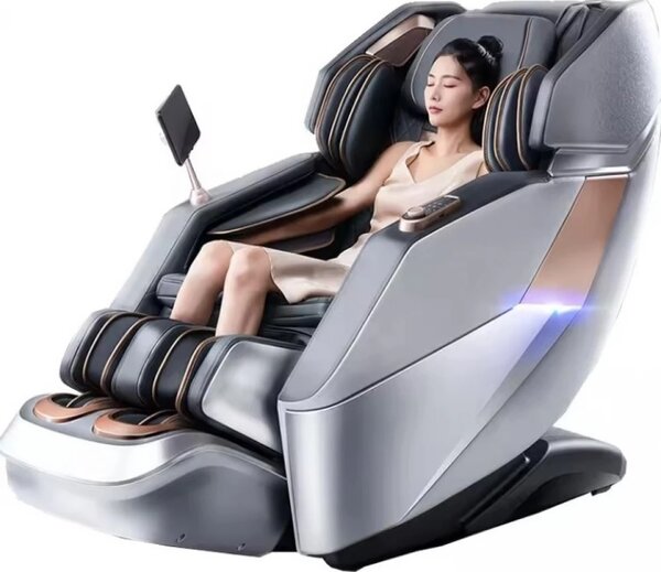 Fotoliu de masaj MAXIMUS, AI voce, Incalzire, Bluetooth, Display, Ecran tactil, Controler rapid cotiera, Zero Gravity, 2 Boxe, Moduri Automate, Suport Picioare extensibil, Piele Ecologica Premium, Argintiu
