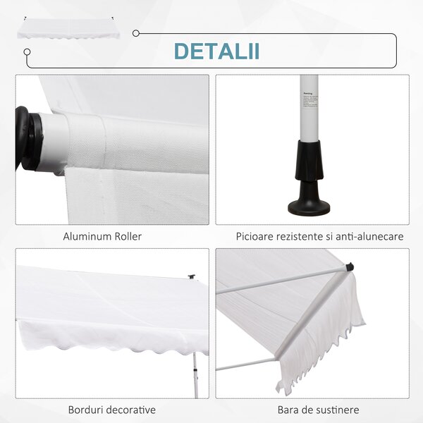 Outsunny Copertina de Perete cu Stâlpi de Sprijin, Protecție UV, Alba, 300x150 cm | Aosom Romania