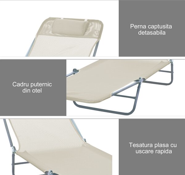 Outsunny Sezlong Pliabil pentru Grădină, Spătar Reclinabil, Confortabil, din Textilena, Crem, 182x56x28cm | Aosom Romania