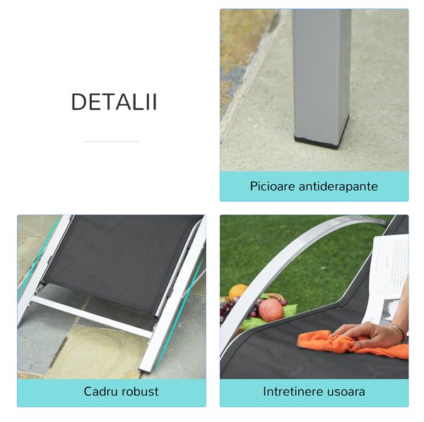 Outsunny Set Mobilier de Grădină: 2 Sezlonguri Pliabile și 1 Măsuță cu Raft din Sticla, Negru, Design Modern | Aosom Romania