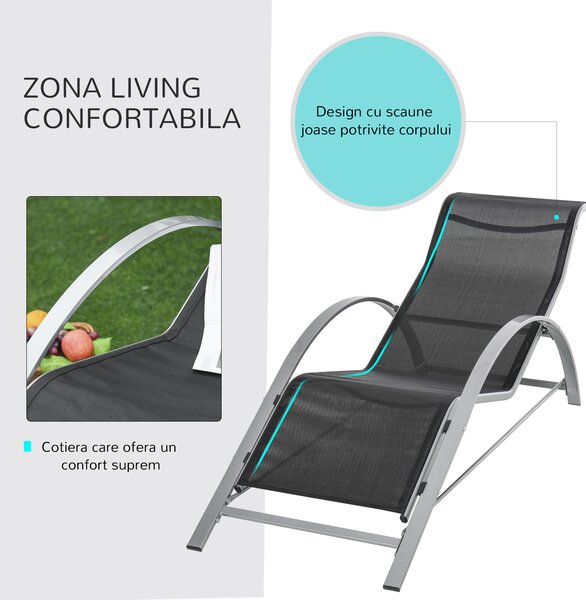 Outsunny Set Mobilier de Grădină: 2 Sezlonguri Pliabile și 1 Măsuță cu Raft din Sticla, Negru, Design Modern | Aosom Romania