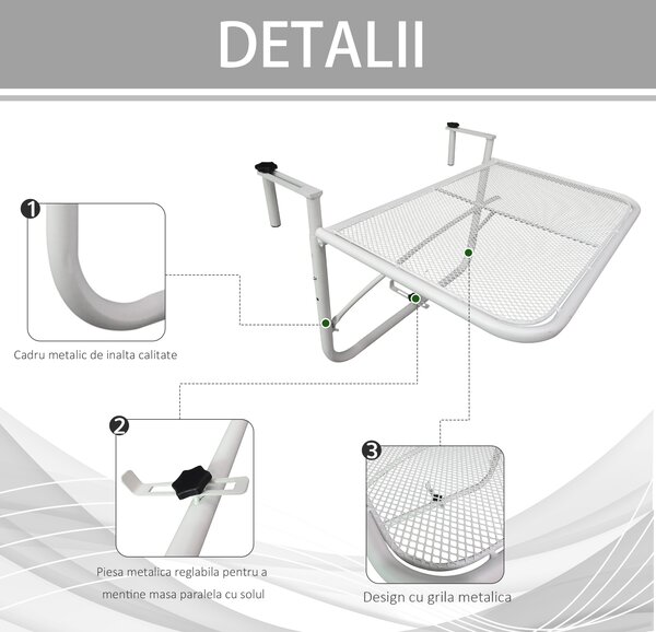 Outsunny Măsuță Suspendată pentru Balcon, Suport Reglabil pe Înălțime, Ideală pentru Spații Reduse, 60x56.5x45cm, Alb | Aosom Romania