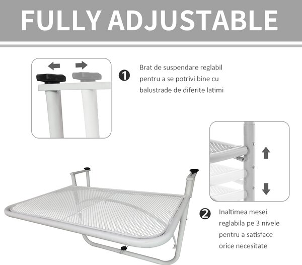 Outsunny Măsuță Suspendată pentru Balcon, Suport Reglabil pe Înălțime, Ideală pentru Spații Reduse, 60x56.5x45cm, Alb | Aosom Romania