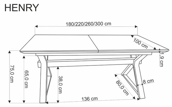 Masa extensibila HENRY, stejar/negru, furnir/metal, 180/300x100x75 cm