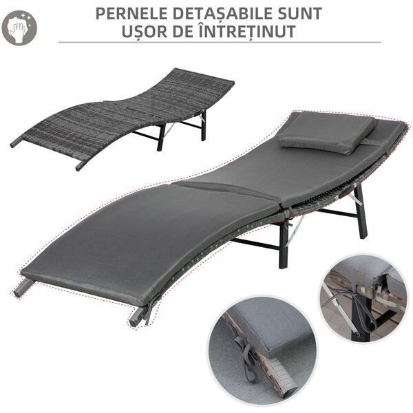 Outsunny Set de 2 Șezlonguri Pliabile din Ratan Gri cu Perne Detașabile Lavabile și Masă Pliabilă pentru Grădină | Aosom Romania