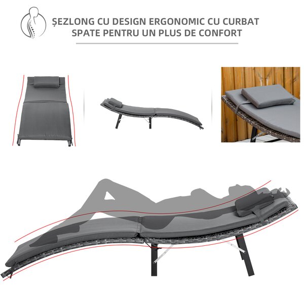 Outsunny Set de 2 Șezlonguri Pliabile din Ratan Gri cu Perne Detașabile Lavabile și Masă Pliabilă pentru Grădină | Aosom Romania