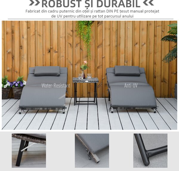 Outsunny Set de 2 Șezlonguri Pliabile din Ratan Gri cu Perne Detașabile Lavabile și Masă Pliabilă pentru Grădină | Aosom Romania