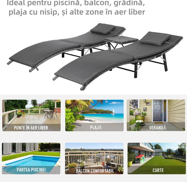 Outsunny Set de 2 Șezlonguri Pliabile din Ratan Gri cu Perne Detașabile Lavabile și Masă Pliabilă pentru Grădină | Aosom Romania