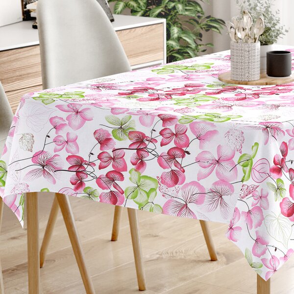 Goldea față de masă din 100% bumbac - flori roz-verde cu frunze 120 x 200 cm