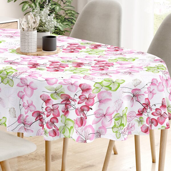 Goldea față de masă 100% bumbac - flori roz-verde cu frunze - ovală 80 x 140 cm